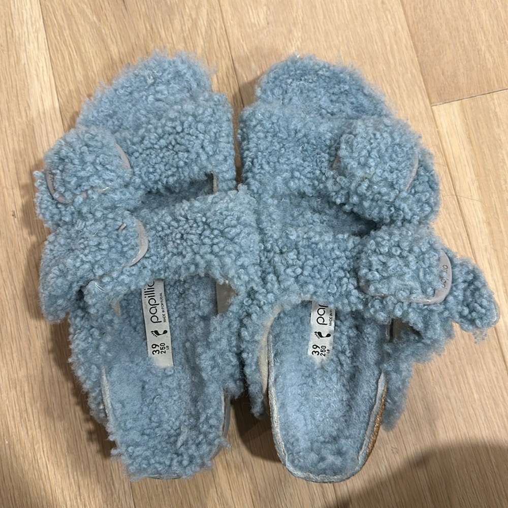 Papillio by Birkenstock Blue Shearling Slides - Size 39